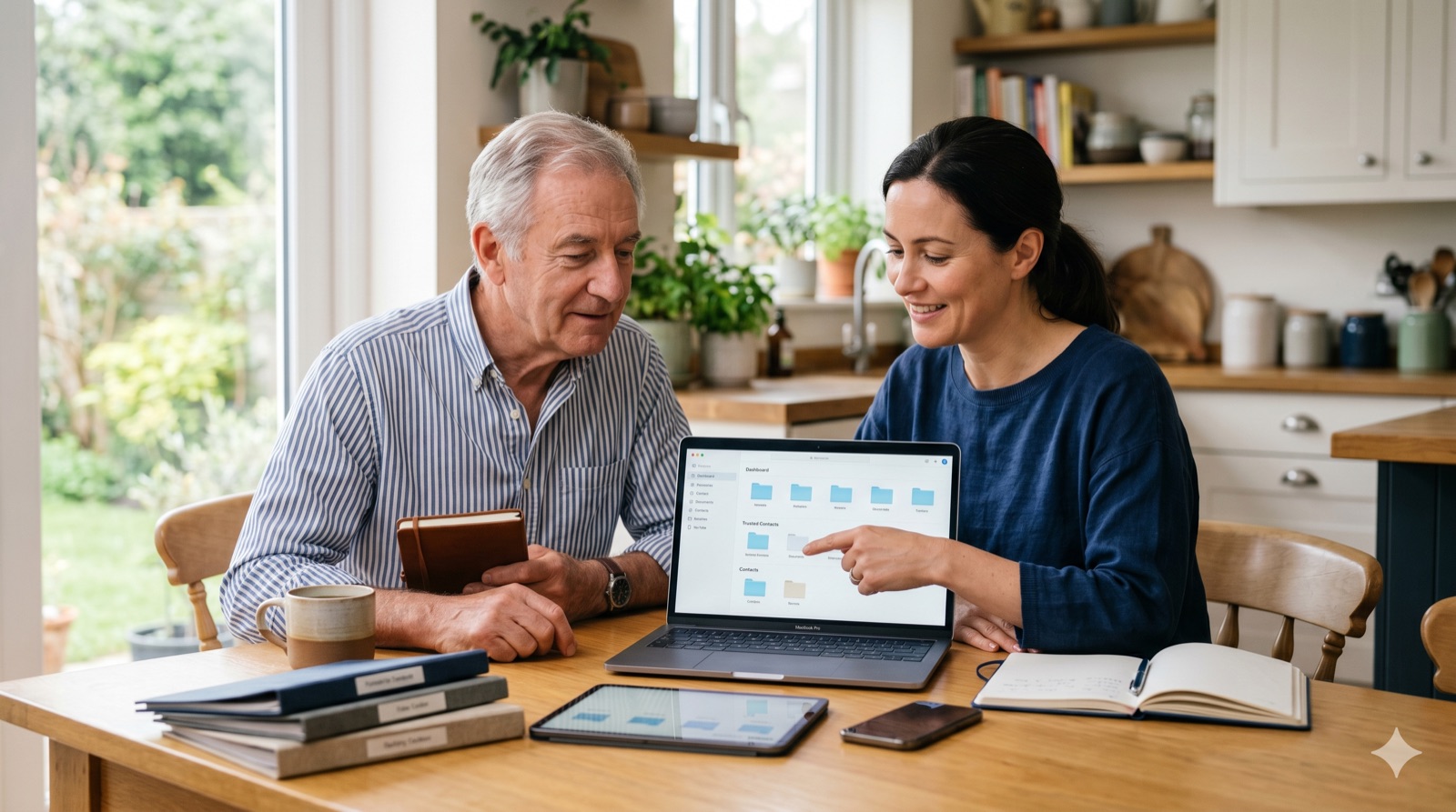 An aging father and his adult daughter look at a folder-based digital organization dashboard together on a laptop in a sunny kitchen.